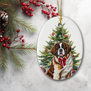 Décoration En Céramique Red Bow Saint Bernard Chien Noël
