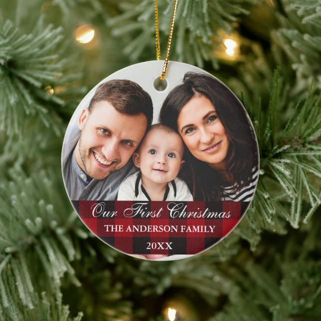 Décoration En Céramique Red Buffalo Plaid Famille Notre Premier Noël