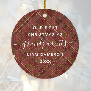 Décoration En Céramique Red Gold Plaid Grand-parents 1ère photo de Noël