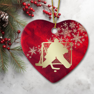 Décoration En Céramique Red Gold Snowflake Hockey Goalie Personnalisé