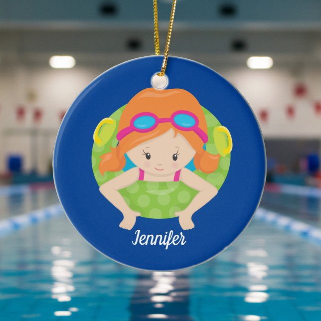 Décoration En Céramique Red head Swim Team Girl Cute Custom Blue (Créateur téléchargé)