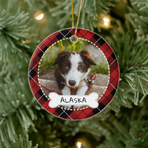 Décoration En Céramique Red Plaid Bone Dog Photo & Nom