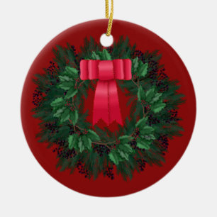 Décoration En Céramique Red Satin Bow Berries Wreath Noël