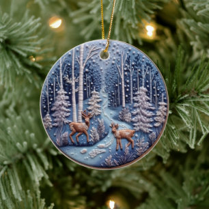 Décoration En Céramique Regarder brodé 3D Deer Winter Forest Paysage