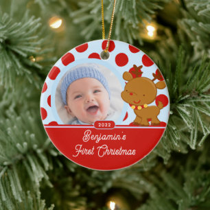 Décoration En Céramique Reindeer Baby Boy Photo Ornament de Noël