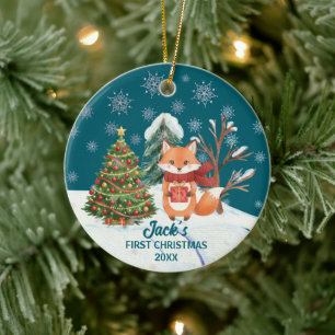 Décoration En Céramique Renard Bébé Neige Arbres Premier Noël