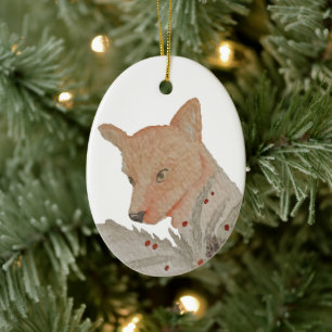 Décoration En Céramique Renard de Noël dans le bois artistique