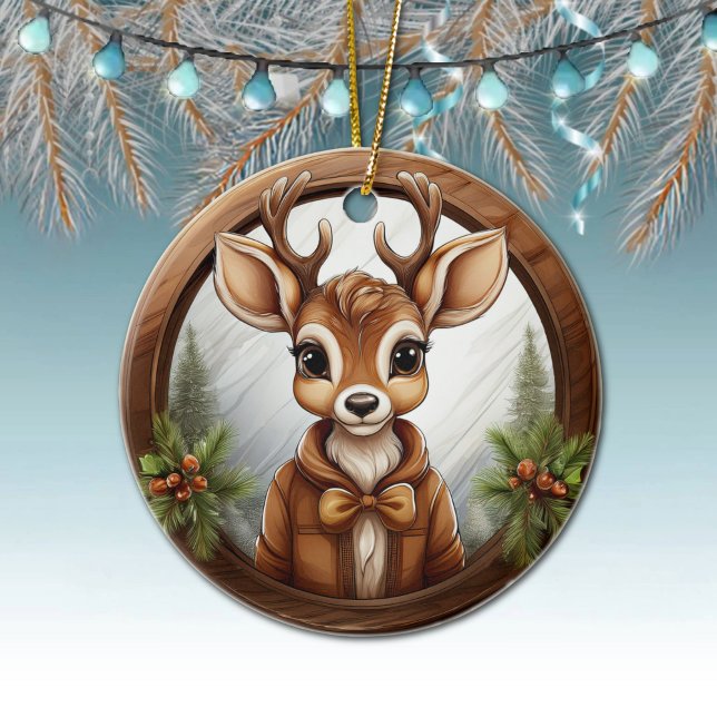 Décoration En Céramique Rennes, Cerfs, Antlers, Faune, Doe 🦌 Rustique 🎄 (Cute Reindeer, Deer Antlers, Fawn, Doe Winter Trees Brown Framed Xmas Scene Ornament Front/Back 🦌🎄)