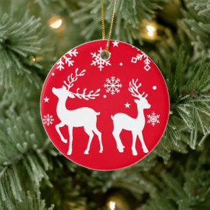 Décoration En Céramique Rennes de flocon rouge et blanc Joyeux Noël