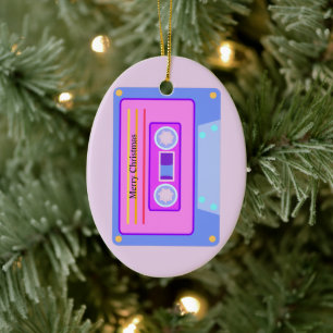 Décoration En Céramique Retro Audio Cassette Pastel Rose Joyeux Noël