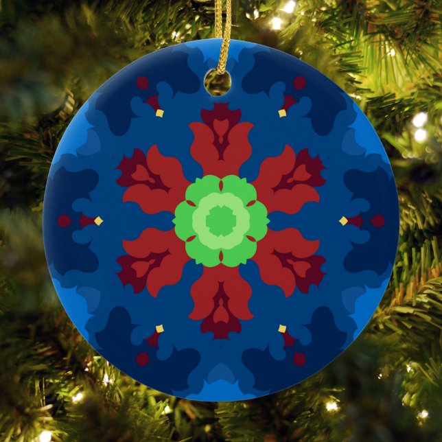 Décoration En Céramique Retro Mandala bleu rouge et vert (Blue Red and Green Retro Mandala Ornament by Wormhole Orbital)