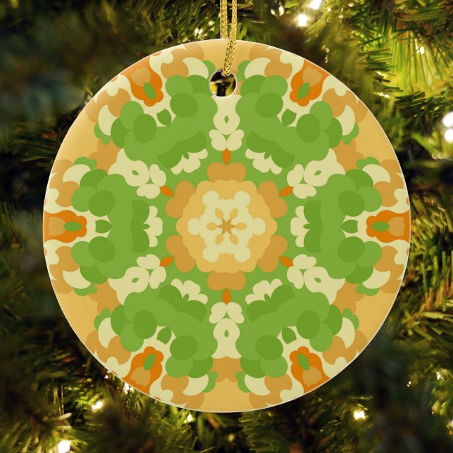 Décoration En Céramique Retro Mandala Green et Orange (Green and Orange Retro Mandala Ornament by Wormhole Orbital)