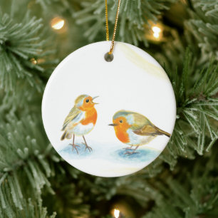 Décoration En Céramique Robins rouges en hiver