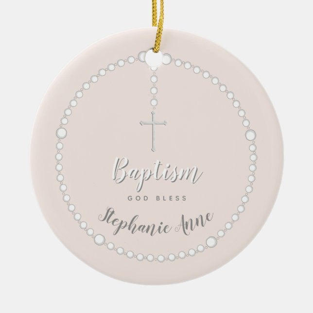 Décoration En Céramique Rosaire du Baptême sur rose (Devant)
