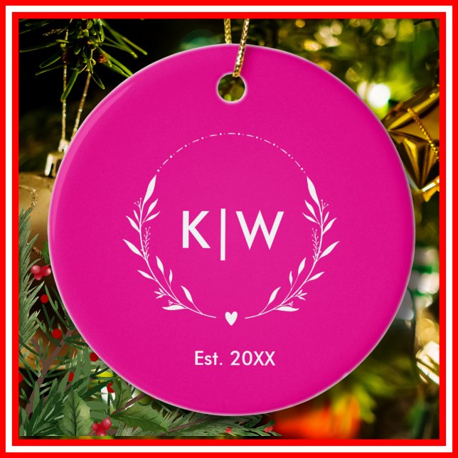 Décoration En Céramique Rose et blanc | Monogramme des initiales modernes (Pink and White | Modern Initials Monogram Ceramic Ornament)