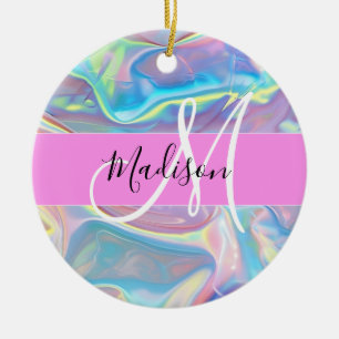 Décoration En Céramique Rose Nom Monogramme Holographique Iridescent