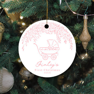 Décoration En Céramique Rose Rêveuse Poussette Premier Noël de Bébé