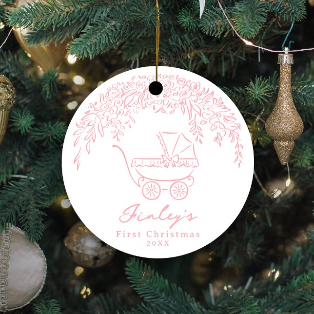 Décoration En Céramique Rose Rêveuse Poussette Premier Noël de Bébé (Pink Whimsical Stroller Baby's First Christmas Ceramic Ornament)
