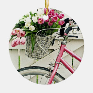 DÉCORATION EN CÉRAMIQUE ROSE "VÉLO" AVEC FLEURS DE SOUCHES