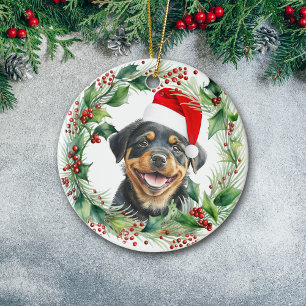 Décoration En Céramique Rottweiler Puppy Holly Wreath Noël