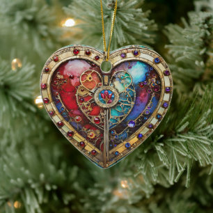 Décoration En Céramique Rouge & Bleu Vitrail Heart Steampunk Series