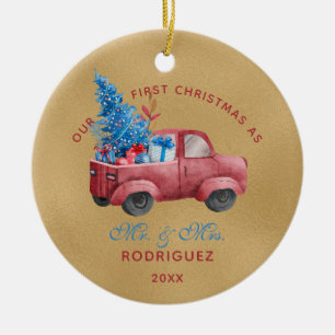 Décoration En Céramique Rouge Camion de Noël Aquarelle Nouveaux mariés Pho