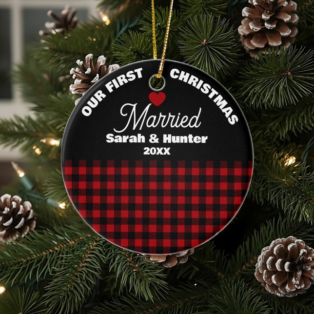 Décoration En Céramique Rouge rustique & Noir Plaid Notre 1er Noël Marié (Créateur téléchargé)
