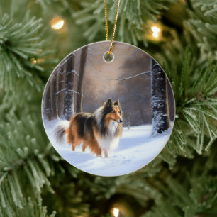 Décoration En Céramique Rough Collie Laisser Neige Noël