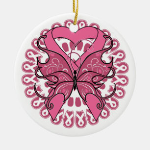 Décoration En Céramique Ruban cardiaque papillon - Cancer du sein