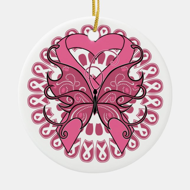 Décoration En Céramique Ruban cardiaque papillon - Cancer du sein (Devant)