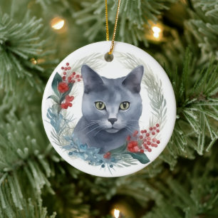 Décoration En Céramique Russe Blue Chat Noël Wreath Festive Kitten