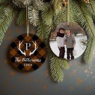 Décoration En Céramique Rust et noir Plaid Rustique Antler Monogramme Phot