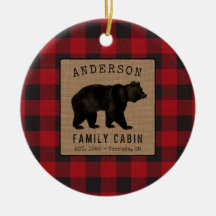 Rustic Bear Family Cabine Red Buffalo Plaid Burlap