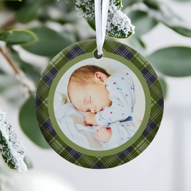 Décoration En Céramique Rustic Festive Green Plaid Babys Premier Noël (Créateur téléchargé)