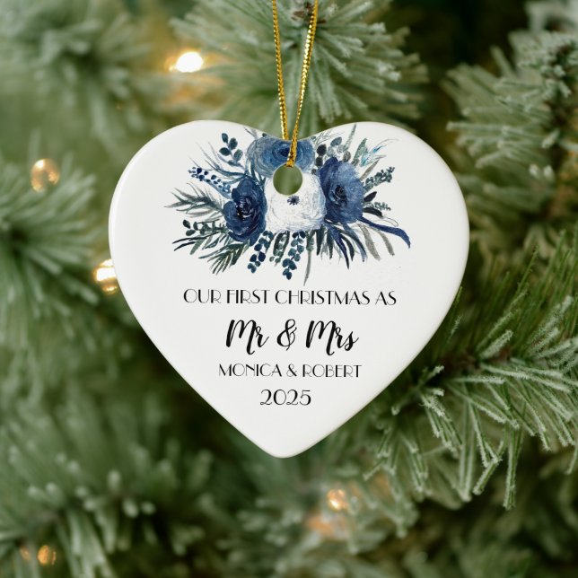 Décoration En Céramique Rustic Navy Blue Floral Roses Premier Noël (Arbre)