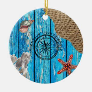 Décoration En Céramique Rustique Nautique Bleu Burlap Starfish