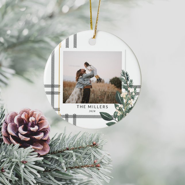Décoration En Céramique Rustique Plaid Green Photo de vacances (Rustic Plaid Christmas Ornament)