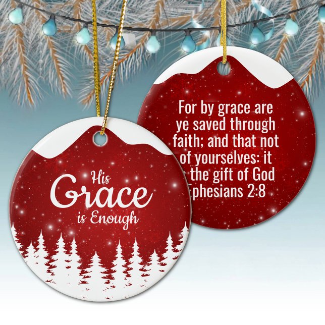 Décoration En Céramique Sa Grâce est Suffisante Passage Divin ⛪️ 🎄 (Custom His Grace is Enough, Religious Holiday Snow Ceramic Ornament berry red snowy white trees 🌲✞)
