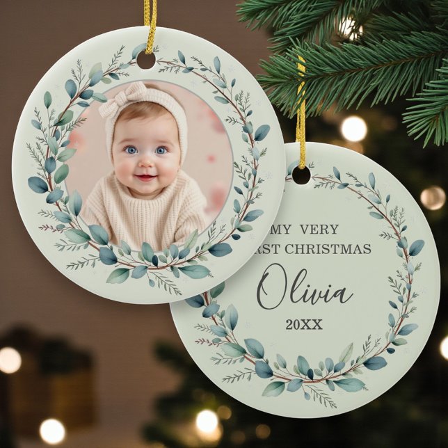 Décoration En Céramique Sage Green Baby First Christmas Photo (Créateur téléchargé)