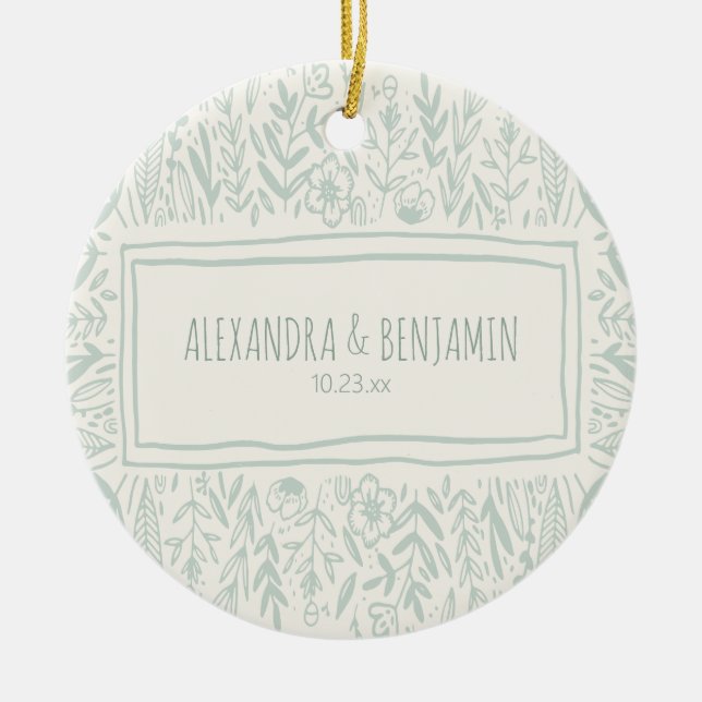 Décoration En Céramique Sage Green Floral Art Frontière Mariage Couple 1er (Devant)