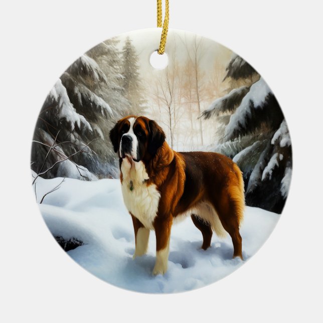 Décoration En Céramique Saint Bernard Laisser Neige Noël (Devant)