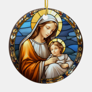 Décoration En Céramique Sainte Marie et Bébé Jésus Nativité en verre tendu