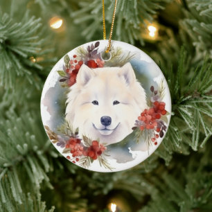 Décoration En Céramique Samoyed Christmas Wreath Festive Pup