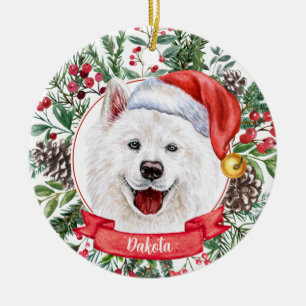 Décoration En Céramique Samoyed Custom Santa Hat Dog Ornament de Noël