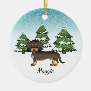 Décoration En Céramique Sanglier Dachshund à poil dur Chien Forêt d'hiver