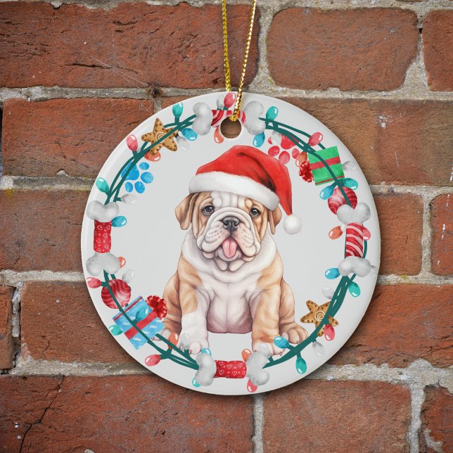 Décoration En Céramique Santa Hat Bulldog Puppy Bone Wreath (Créateur téléchargé)