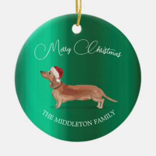 Décoration En Céramique Santa Hat Chien Tan Dachshund Vert Joyeux Noël