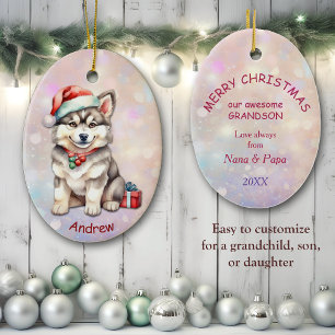 Décoration En Céramique Santa Hat Husky Puppy Grandson