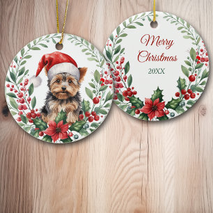 Décoration En Céramique Santa Hat Yorkshire Terrier Poinsettia Wreath