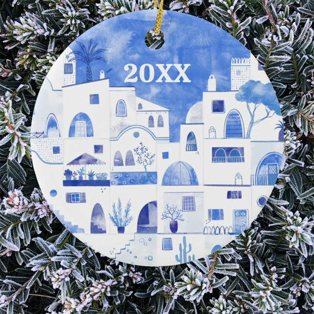 Décoration En Céramique Santorini Greece Watercolor Date Mediterranean (Oia Santorini Greece blue and white ornament with custom date)